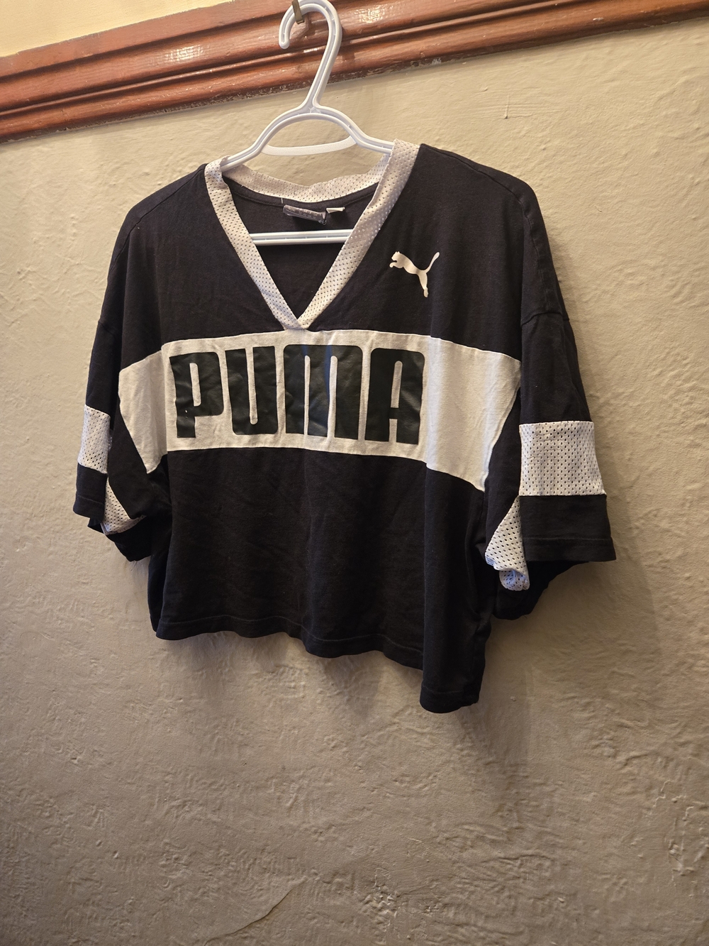 Y2K Puma Cropped Jersey Tee Black White Sporty Streetwear Oversized Boxy Top - Picture 7 of 11